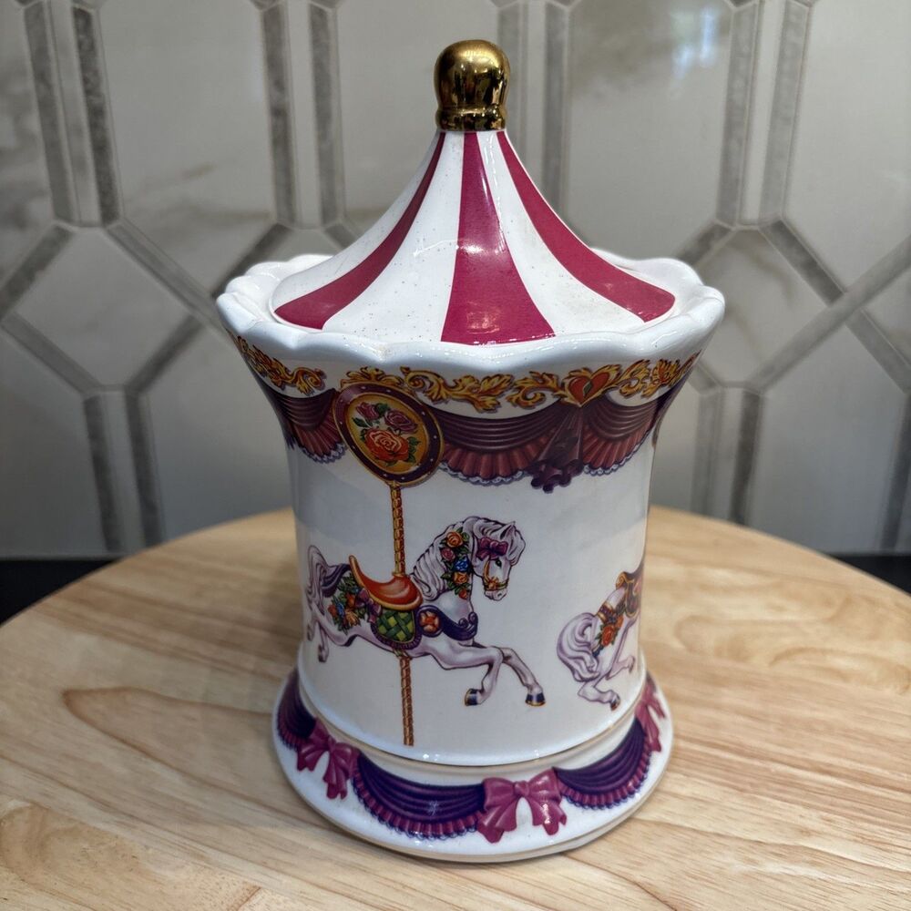Vtg 1982 Teleflora Ceramic canister musical carousel horse design 8" with Lid